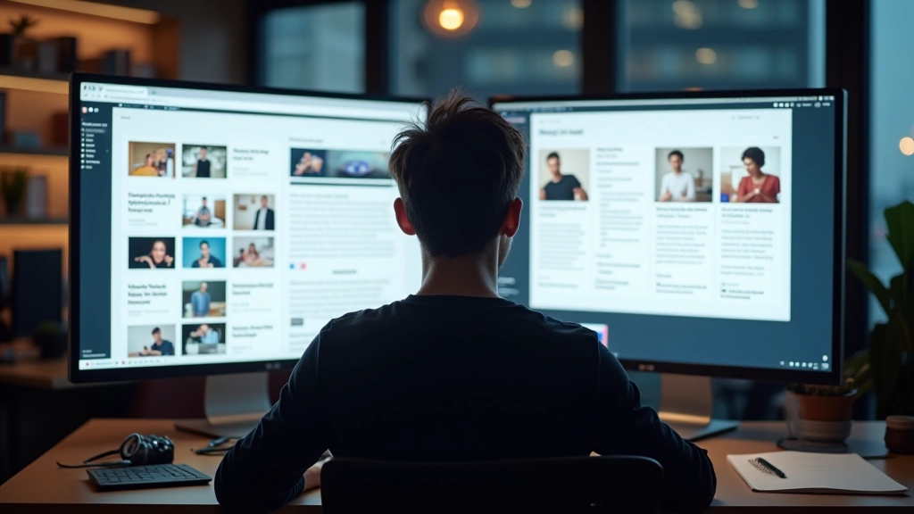 Web-Designer arbeitet an Blog-Layout-Designs mit mehreren Monitoren